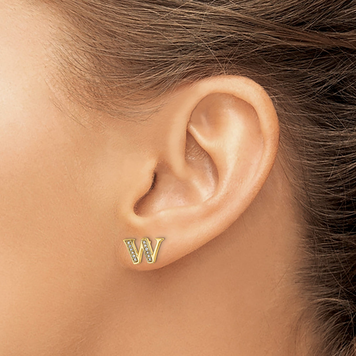 14k Yellow Gold W Letter Stud Earring with Diamond Accent, Personalized Initial Jewelry for Women