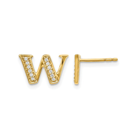 14k Yellow Gold W Letter Stud Earring with Diamond Accent, Personalized Initial Jewelry for Women