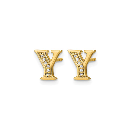 14k Yellow Gold Letter Y Stud Earring with Diamond, Minimalist Monogram Design for Women