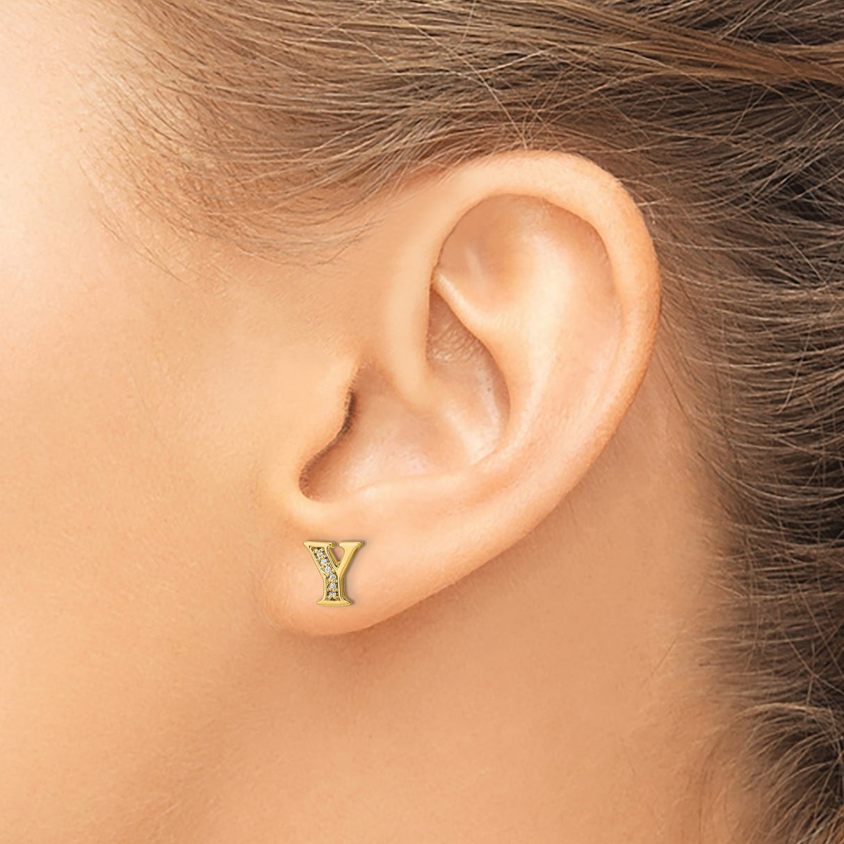 14k Yellow Gold Letter Y Stud Earring with Diamond, Minimalist Monogram Design for Women