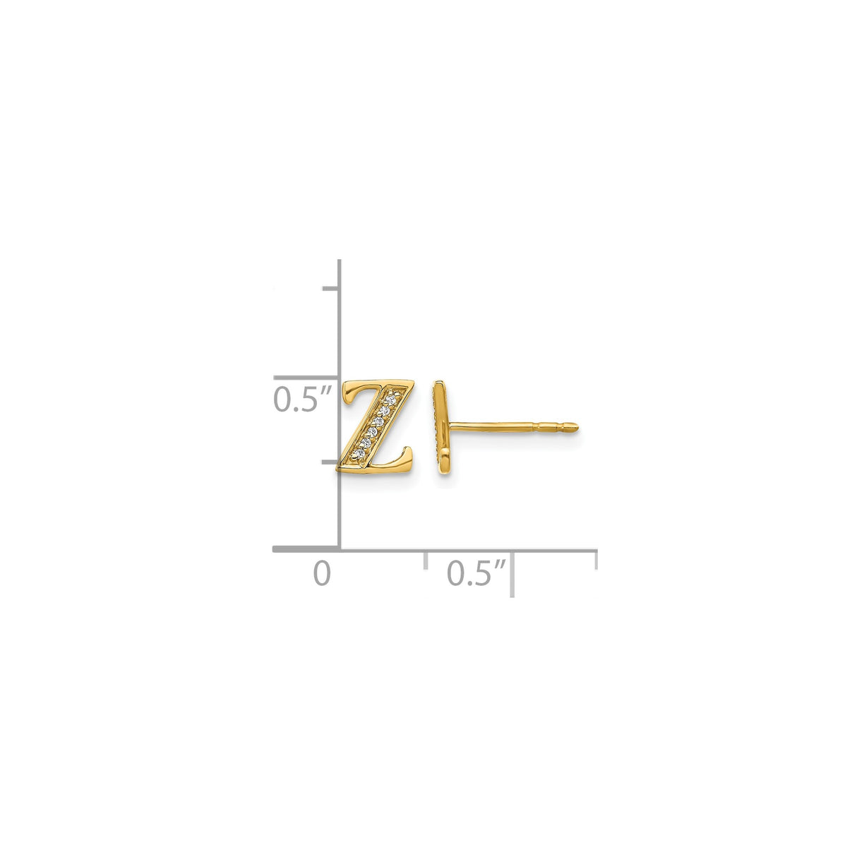 14k Yellow Gold Stud Earring with Diamond, Letter Z Initial Monogram Jewelry for Women