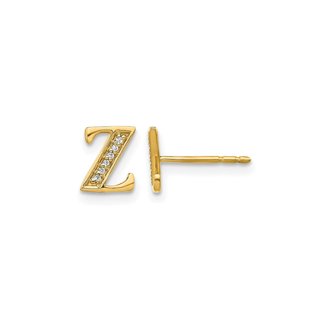 14k Yellow Gold Stud Earring with Diamond, Letter Z Initial Monogram Jewelry for Women
