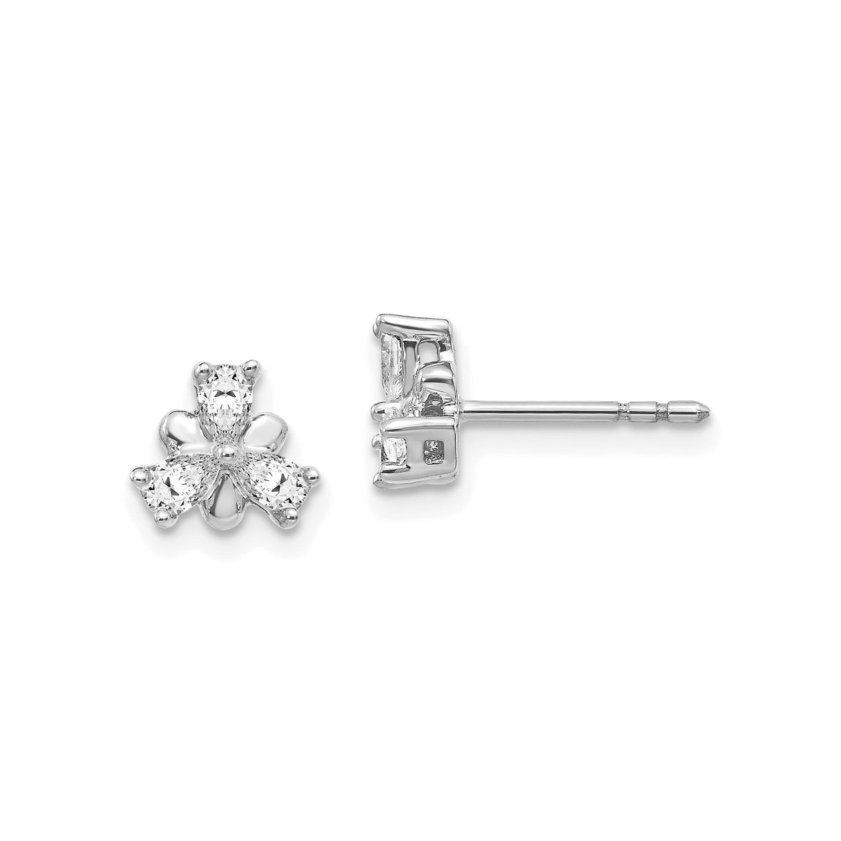 14k White Gold Stud Earrings with Diamond, Three Leaf Clover Design, Nature Inspired Jewelry