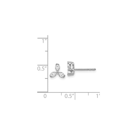 14k White Gold Stud Earrings with Cubic Zirconia, Trinity Leaf Motif, Minimalist Design