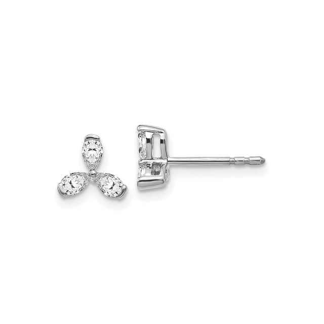14k White Gold Stud Earrings with Pear-Shaped Cubic Zirconia Three-Stone Cluster Design