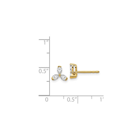 14k Yellow Gold Stud Earrings with Pear Shaped Diamonds, Floral Three Stone Cluster Design