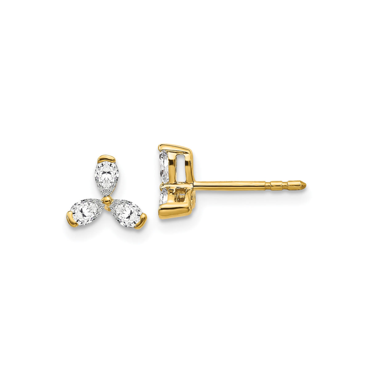 14k Yellow Gold Stud Earrings with Pear Shaped Diamonds, Floral Three Stone Cluster Design