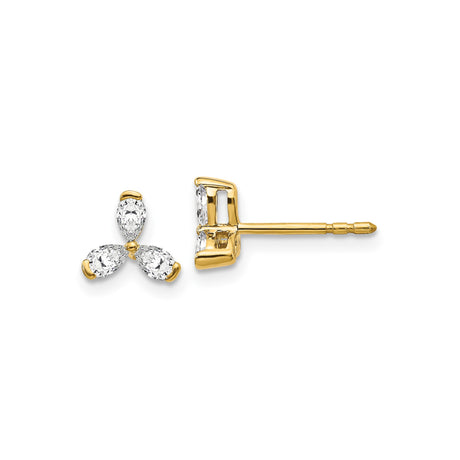 14k Yellow Gold Stud Earrings with Diamond, Trinity Style with Pear Cut Cubic Zirconia