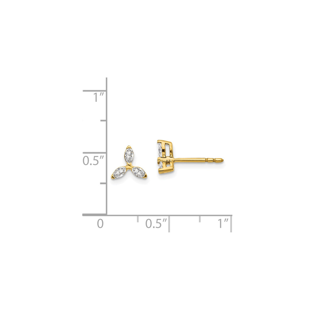 14k Yellow Gold Trinity Stud Earrings with Marquise Cut Diamond, Three Leaf Design