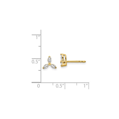 14k Yellow Gold Trinity Stud Earrings with Marquise Cut Diamond, Three Leaf Design