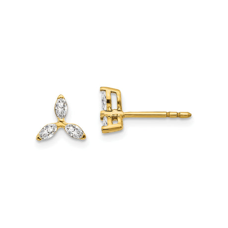 14k Yellow Gold Stud Earrings with Marquise Diamonds, Trinity Three-Stone Minimalist Design