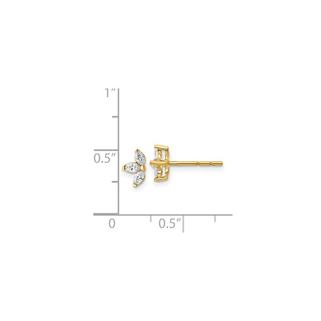 14k Yellow Gold Stud Earrings with Diamond, Three Leaf Floral Design, Botanical Style