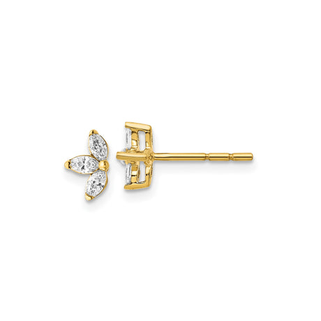 14k Yellow Gold Stud Earrings with Marquise Diamond Cluster, Leaf and Floral Design