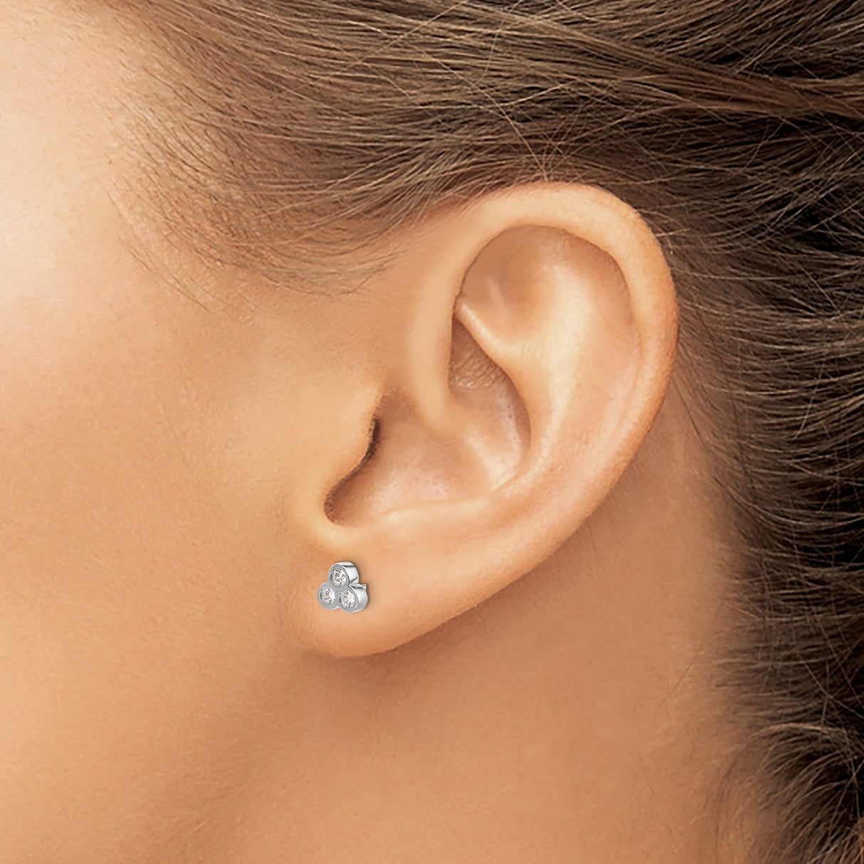 14k White Gold Stud Earrings with Three Round Diamonds in Triangular Bezel Setting
