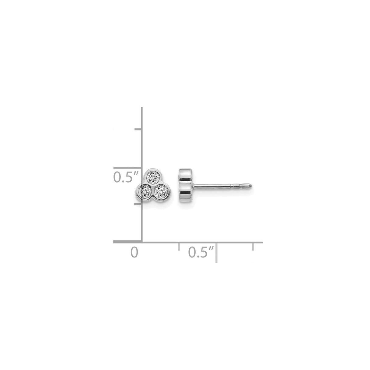14k White Gold Stud Earrings with Three Round Diamonds in Triangular Bezel Setting