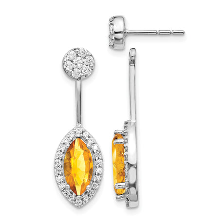 14k White Gold Drop Earrings with Marquise Cut Citrine and Diamond Accents, Halo Design
