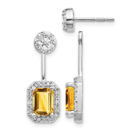 14k White Gold Dangle Earrings with Rectangle Citrine and Diamond Accents