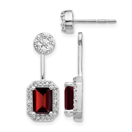 14k White Gold Dangle Earrings with Garnet and Diamond Halo Design