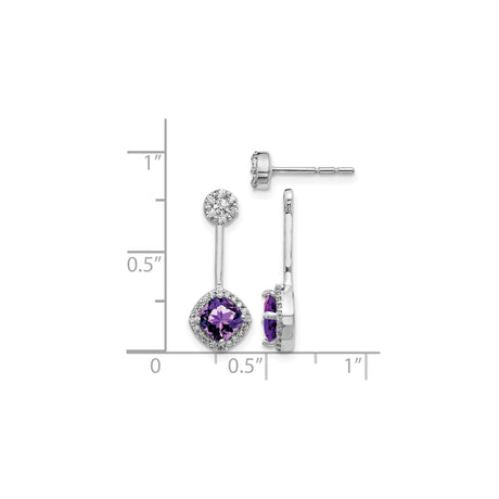 14k White Gold Dangle Earrings with Cushion Cut Amethyst and Diamond Accents