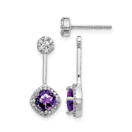 14k White Gold Dangle Earrings with Cushion Cut Amethyst and Diamond Accents