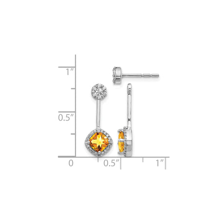 14k White Gold Drop Earrings with Cushion Cut Citrine and Pavé Diamonds, Elegant Dangle Design