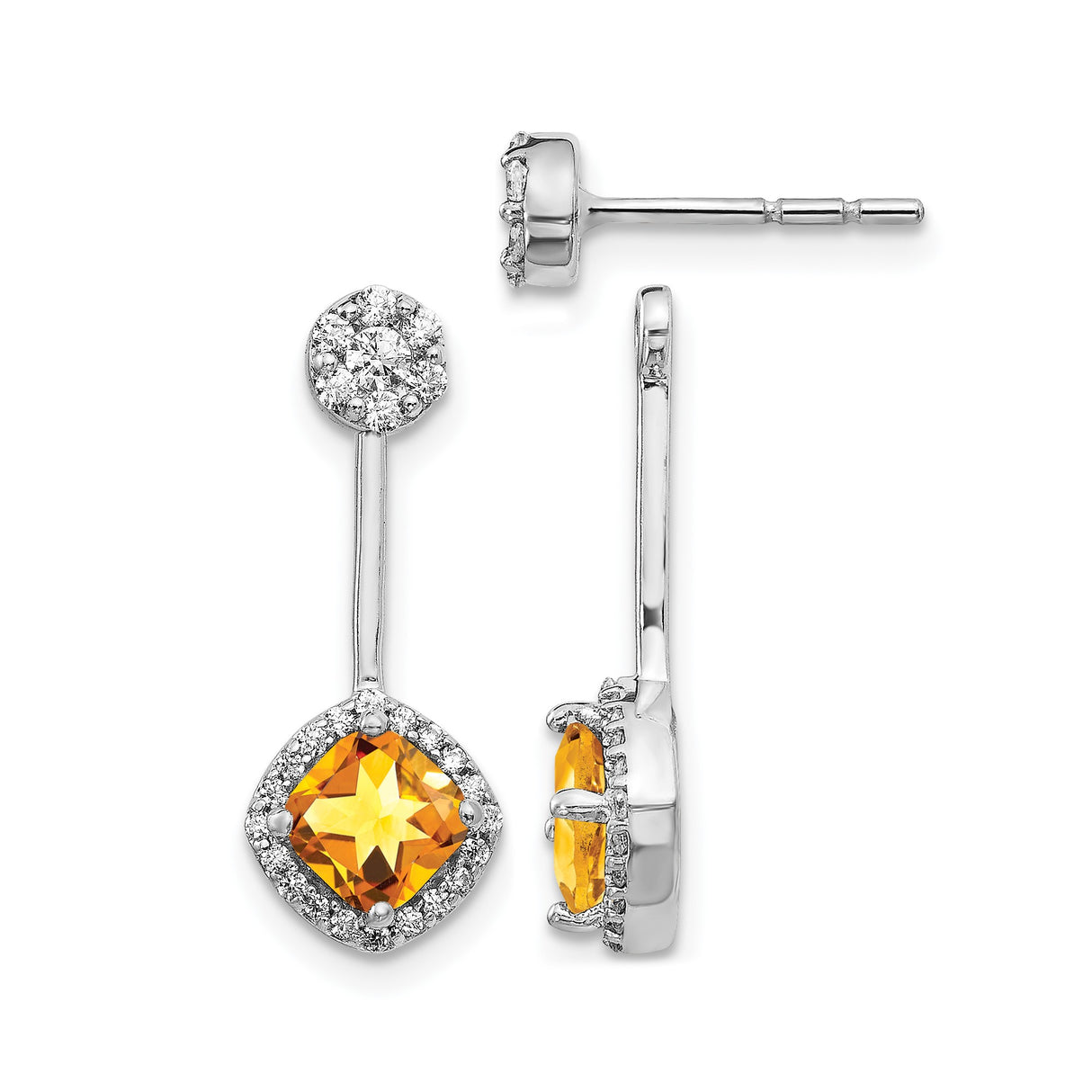 14k White Gold Drop Earrings with Cushion Cut Citrine and Pavé Diamonds, Elegant Dangle Design