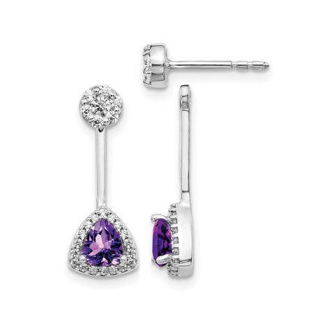 14k White Gold Dangle Earrings with Trillion Cut Amethyst and Diamond Accents