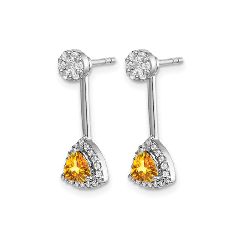 14k White Gold Dangle Earrings with Trillion Cut Citrine, Halo and Diamond Accents
