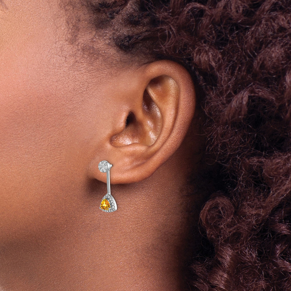 14k White Gold Dangle Earrings with Trillion Cut Citrine, Halo and Diamond Accents