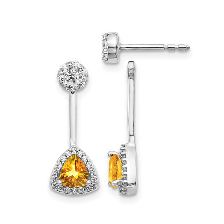 14k White Gold Dangle Earrings with Trillion Cut Citrine, Halo and Diamond Accents