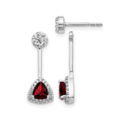 14k White Gold Dangle Earrings with Garnet Drop and Diamond Accents