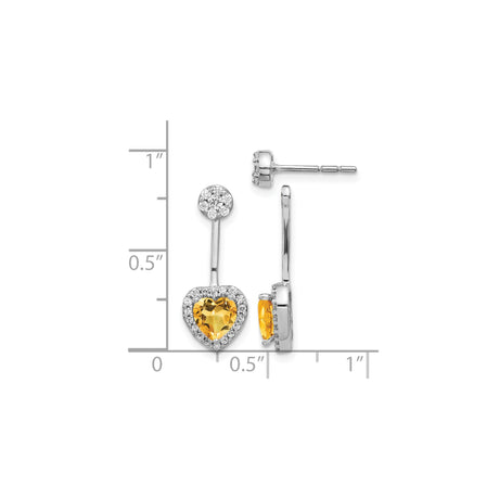 14k White Gold Dangle Earrings with Heart-Shaped Citrine and Diamond Accents