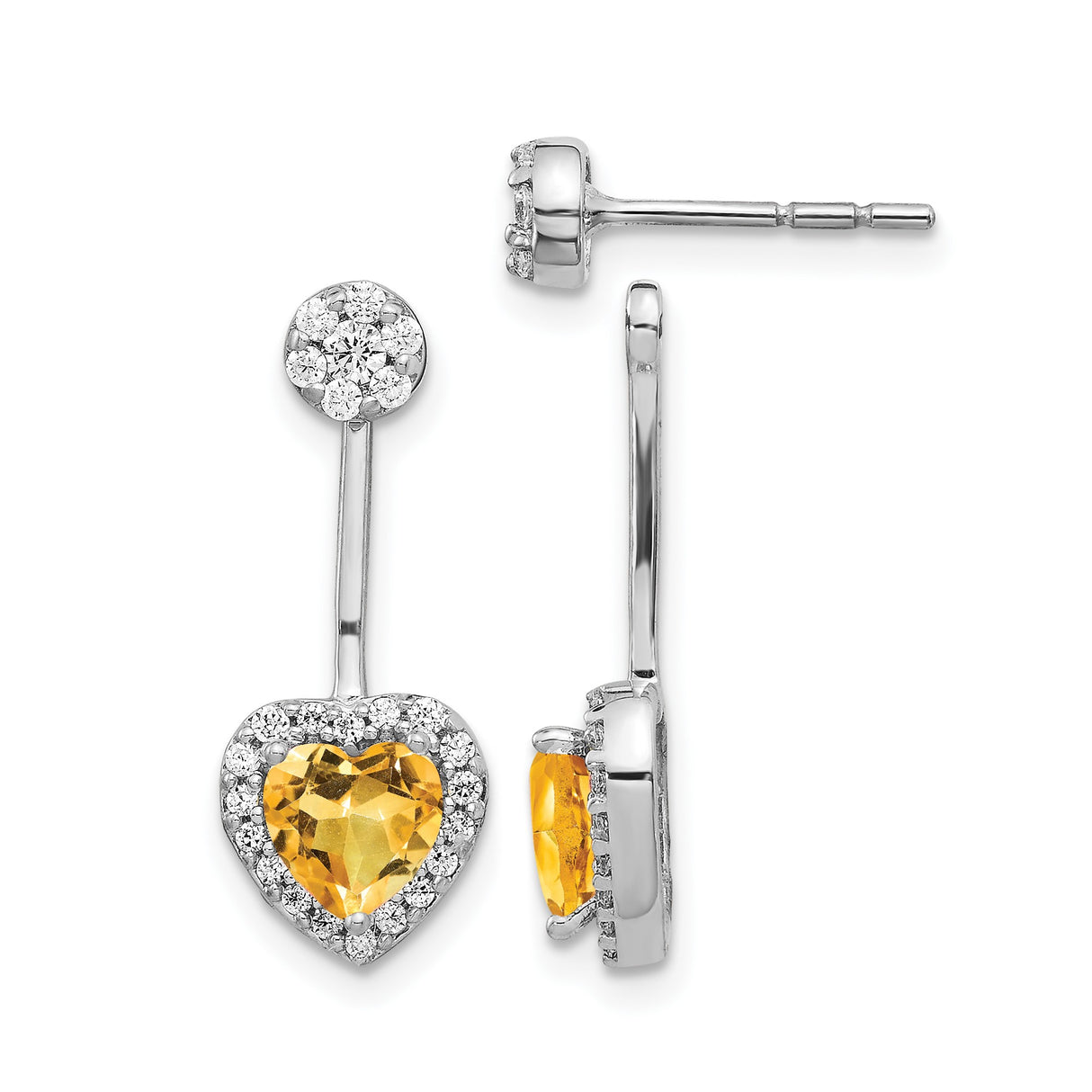 14k White Gold Dangle Earrings with Heart-Shaped Citrine and Diamond Accents