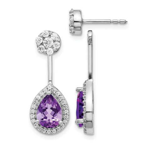 14k White Gold Drop Earrings with Pear Shaped Amethyst and Diamond Halo Floral Studs