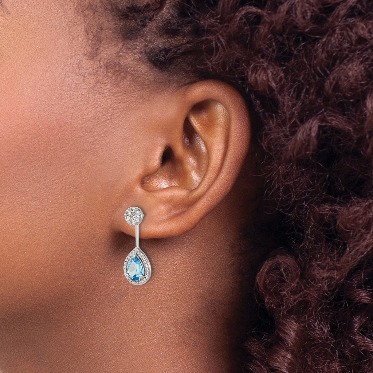 14k White Gold Dangle Earrings with Pear Shaped Swiss Blue Topaz and Diamond Halo Drops