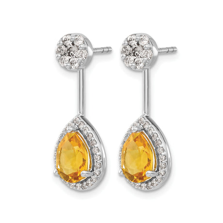 14k White Gold Drop Earrings with Pear Shaped Citrine and Pavé Diamonds