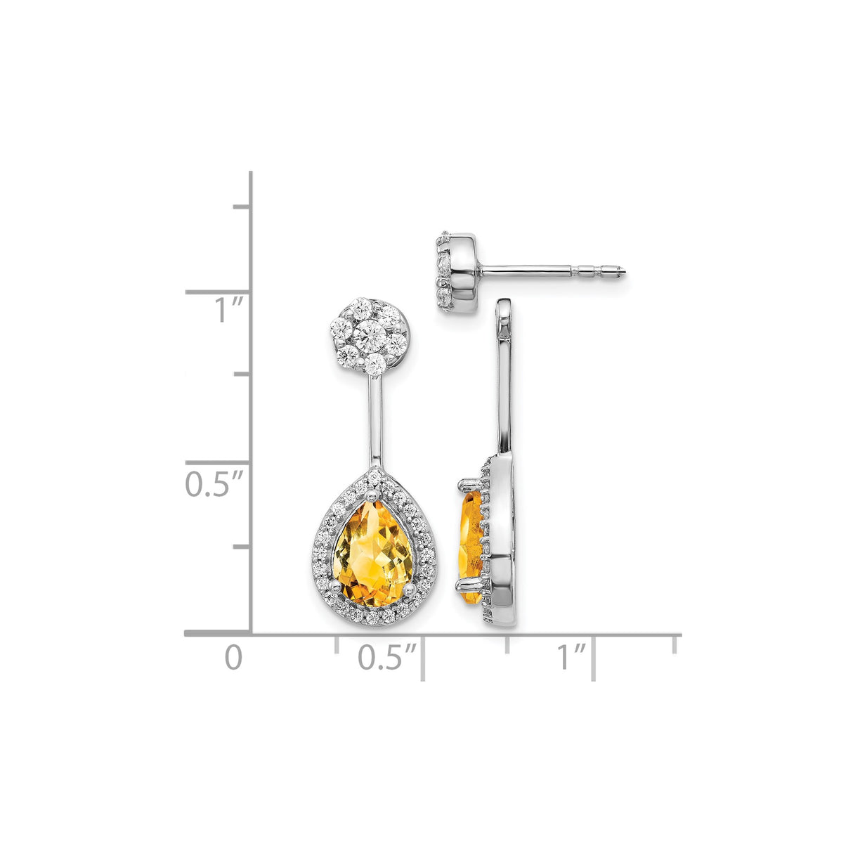 14k White Gold Drop Earrings with Pear Shaped Citrine and Pavé Diamonds