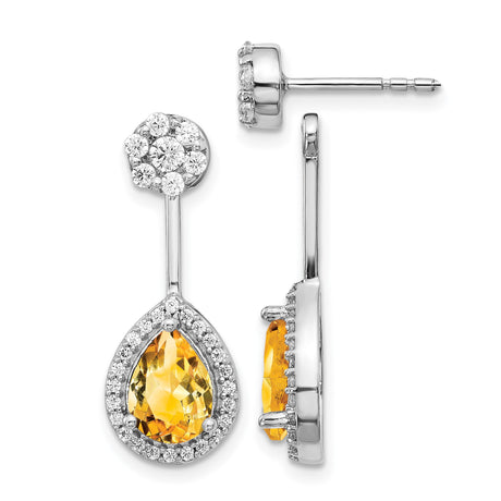 14k White Gold Drop Earrings with Pear Shaped Citrine and Pavé Diamonds