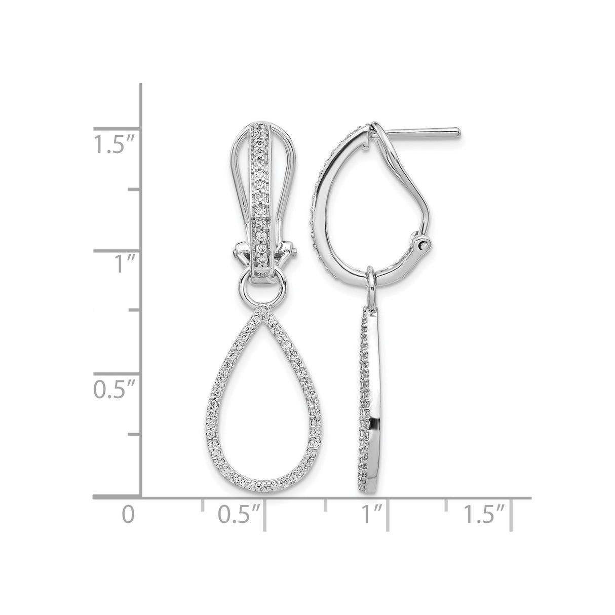 14k White Gold Teardrop Dangle Earrings with Pave Cubic Zirconia and Omega Back Closure