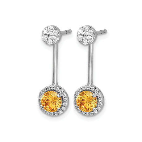 14k White Gold Drop Earrings with Citrine and Diamond Accents in Halo Setting