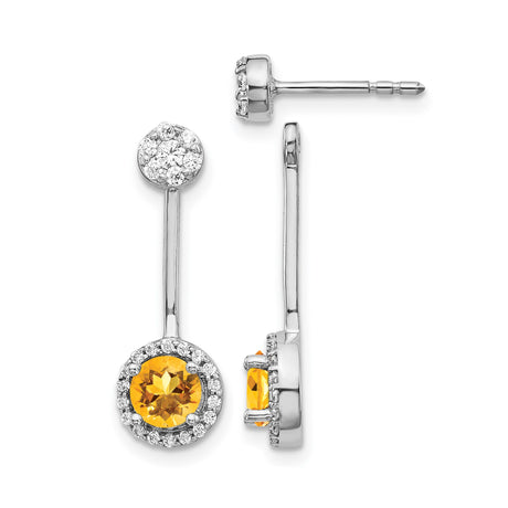 14k White Gold Drop Earrings with Citrine and Diamond Accents in Halo Setting