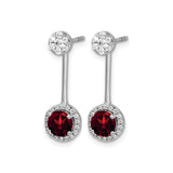 14k White Gold Drop Earrings with Garnet and Diamond Halo Dangle Design