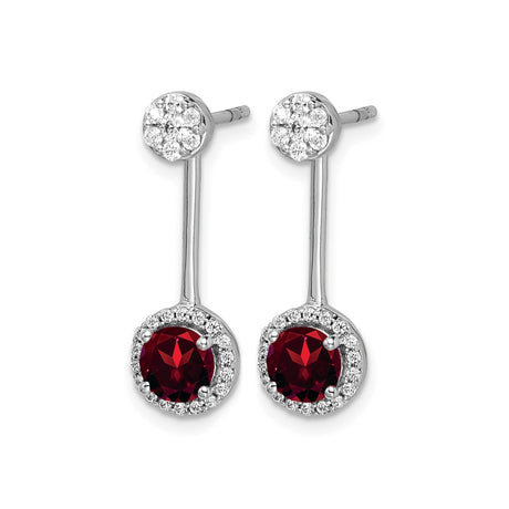 14k White Gold Drop Earrings with Garnet and Diamond Halo Dangle Design