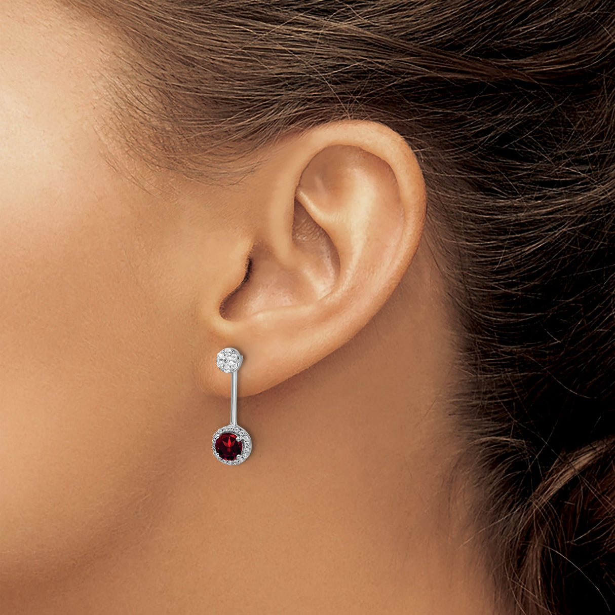 14k White Gold Drop Earrings with Garnet and Diamond Halo Dangle Design
