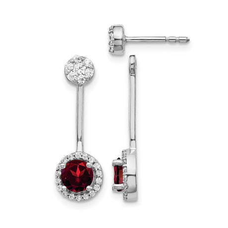 14k White Gold Drop Earrings with Garnet and Diamond Halo Dangle Design