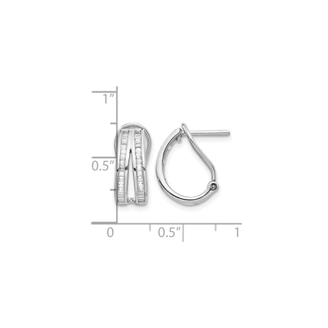 14k White Gold Hoop Earrings with Channel Set Baguette Diamonds, Crossover Style, Omega Back Closure