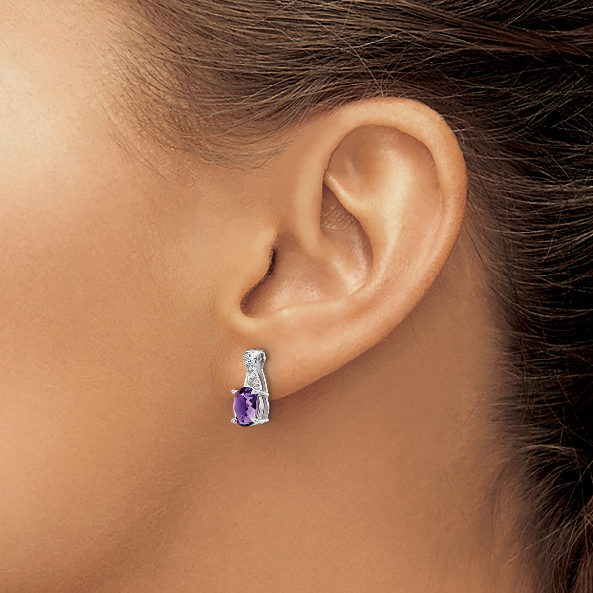 14k White Gold Amethyst and Diamond Stud Earrings, Oval Gemstone, Womens Birthstone Jewelry