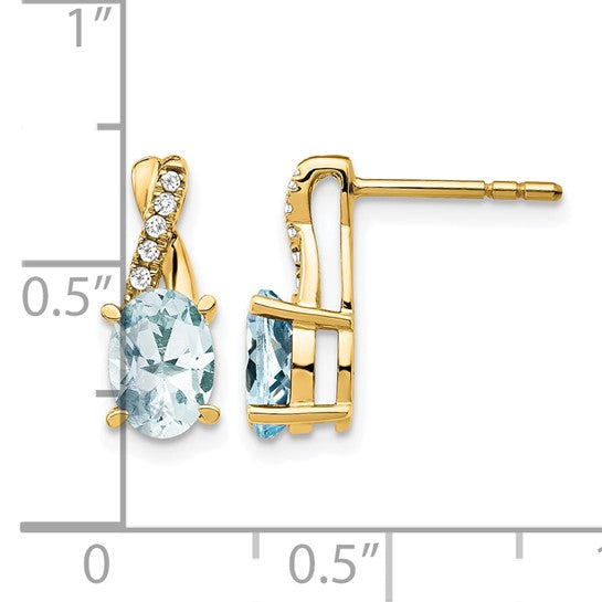 14k Yellow Gold Stud Earrings with Aquamarine and Diamond, Twisted Design for Women