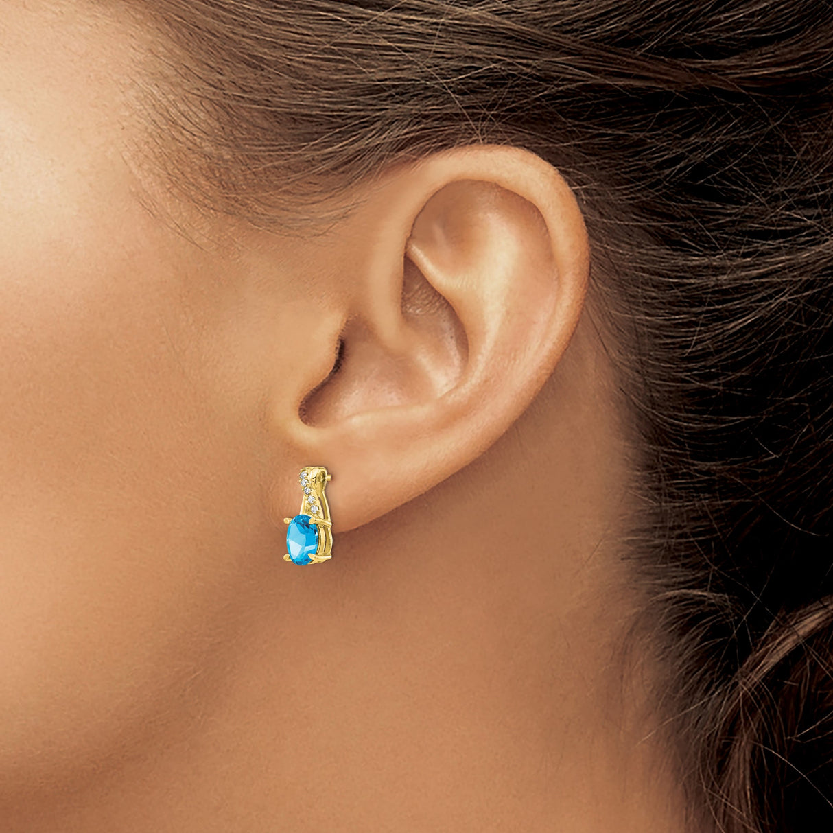 10k Yellow Gold Stud Earrings with Swiss Blue Topaz and Diamond Accents, Ribbon Design