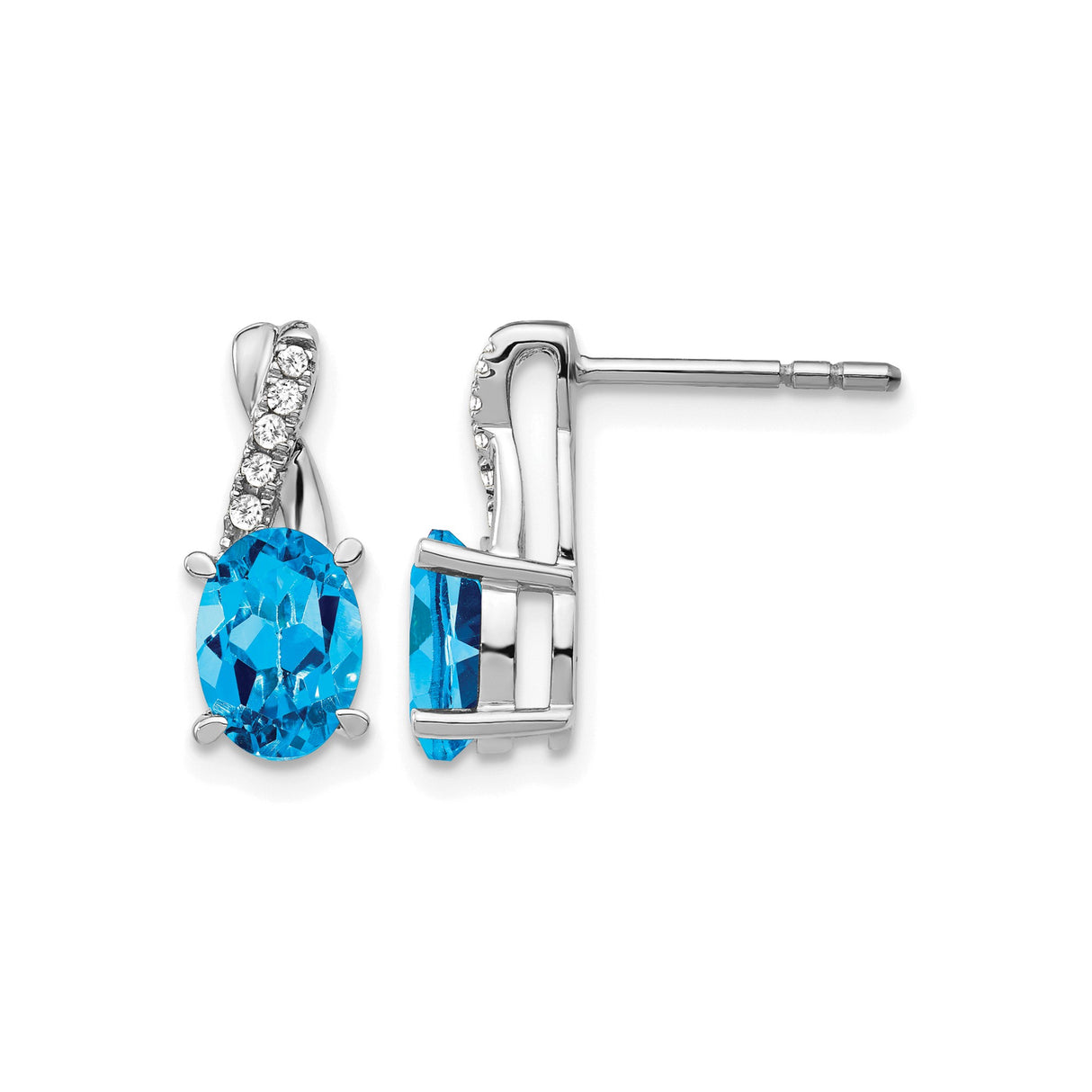 14k White Gold Stud Earrings with Swiss Blue Topaz and Diamond Accents, Oval Cut Minimalist Design